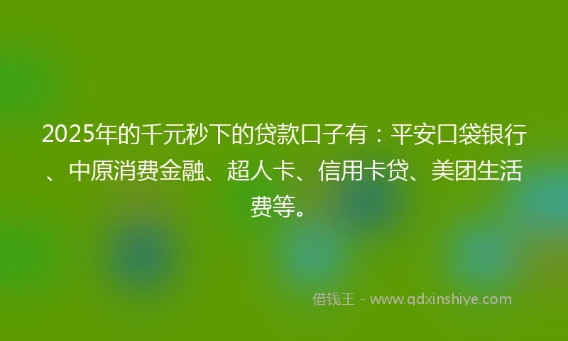 2025年的千元秒下的贷款口子有：平安口袋银行、中原消费金融、超人卡、信用卡贷、美团生活费等。