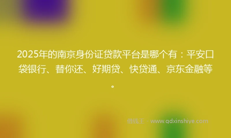 2025年的南京身份证贷款平台是哪个有:平安口袋银行、替你还、好期贷、快贷通、京东金融等。