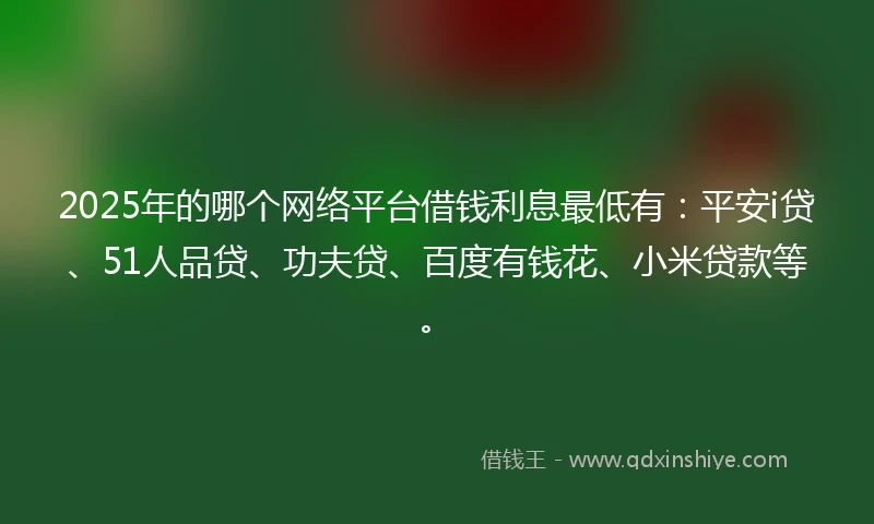 2025年的哪个网络平台借钱利息最低有：平安i贷、51人品贷、功夫贷、百度有钱花、小米贷款等。