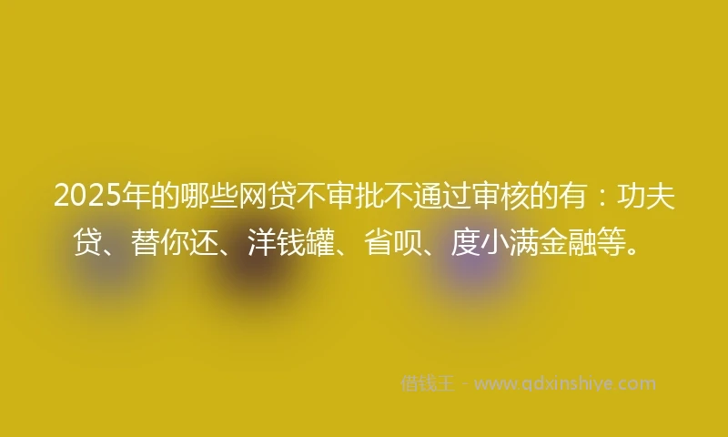 2025年的哪些网贷不审批不通过审核的有：功夫贷、替你还、洋钱罐、省呗、度小满金融等。