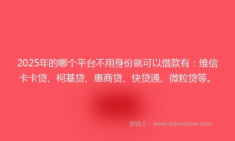 2025年的哪个平台不用身份就可以借款有：维信卡卡贷、柯基贷、惠商贷、快贷通、微粒贷等。