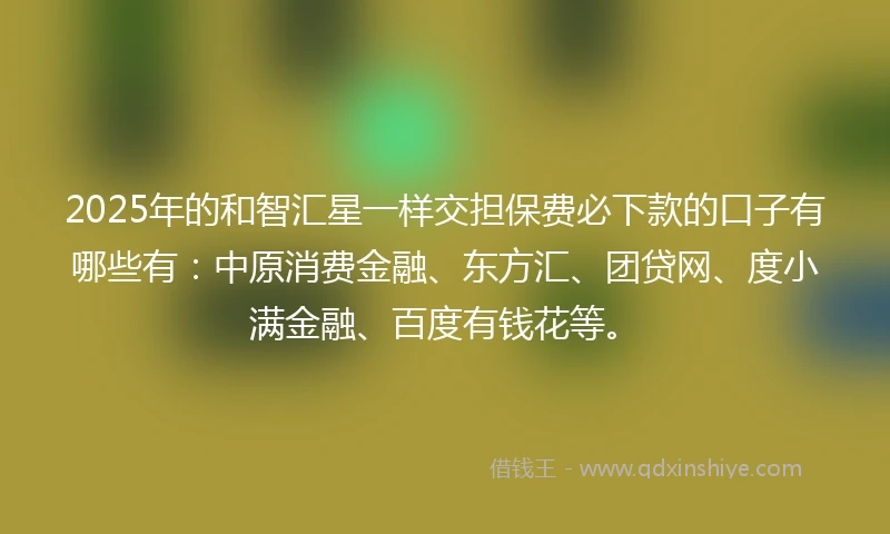 2025年的和智汇星一样交担保费必下款的口子有哪些有：中原消费金融、东方汇、团贷网、度小满金融、百度有钱花等。