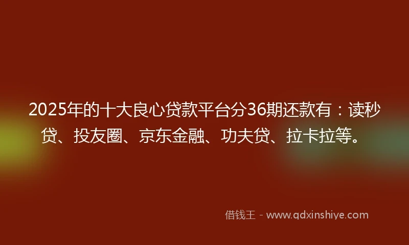 2025年的十大良心贷款平台分36期还款有：读秒贷、投友圈、京东金融、功夫贷、拉卡拉等。