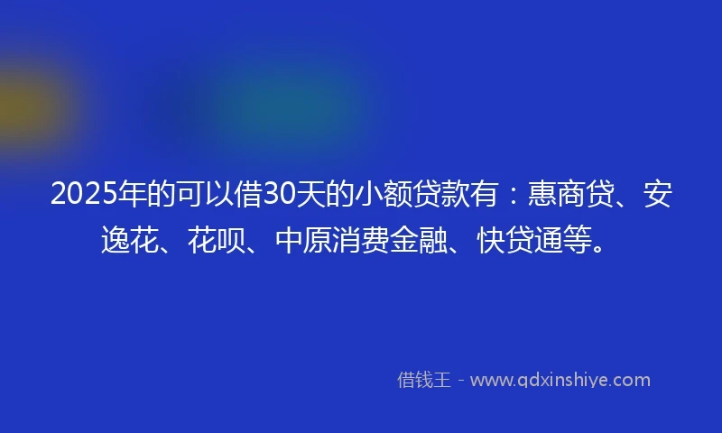 2025年的可以借30天的小额贷款有:惠商贷、安逸花、花呗、中原消费金融、快贷通等。