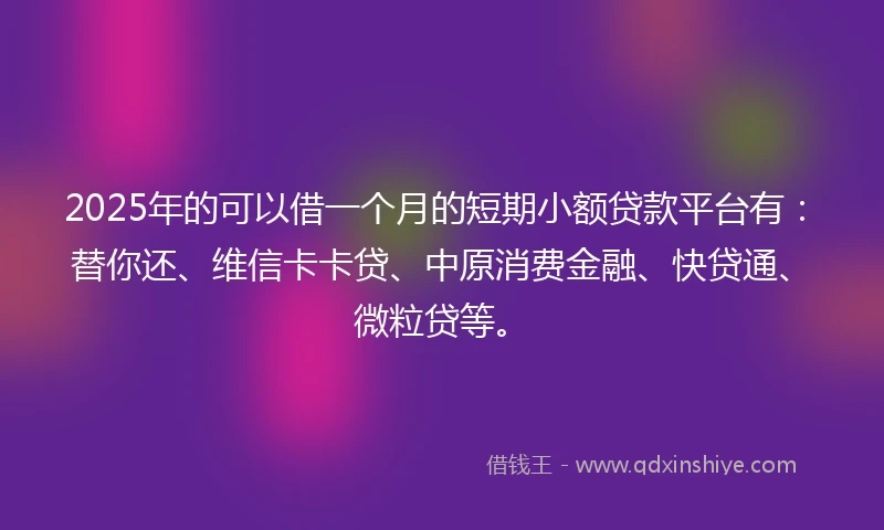 2025年的可以借一个月的短期小额贷款平台有：替你还、维信卡卡贷、中原消费金融、快贷通、微粒贷等。