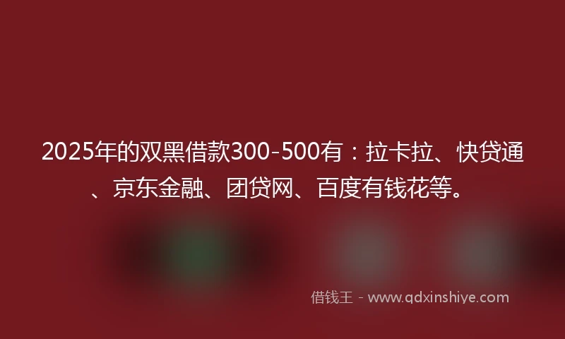 2025年的双黑借款300-500有：拉卡拉、快贷通、京东金融、团贷网、百度有钱花等。