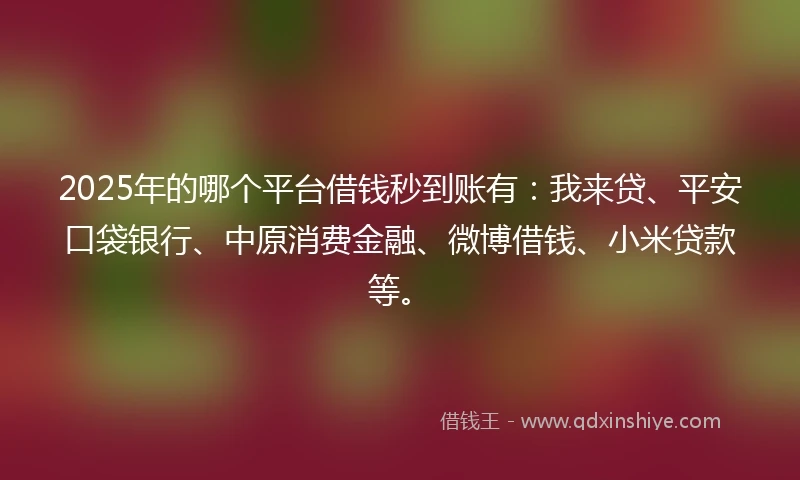 2025年的哪个平台借钱秒到账有：我来贷、平安口袋银行、中原消费金融、微博借钱、小米贷款等。