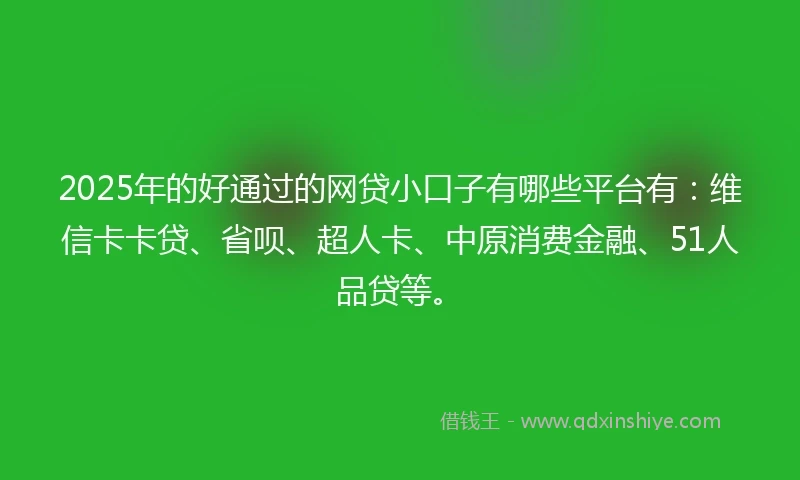 2025年的好通过的网贷小口子有哪些平台有：维信卡卡贷、省呗、超人卡、中原消费金融、51人品贷等。