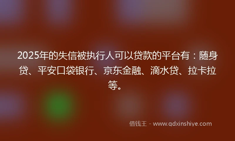 2025年的失信被执行人可以贷款的平台有：随身贷、平安口袋银行、京东金融、滴水贷、拉卡拉等。