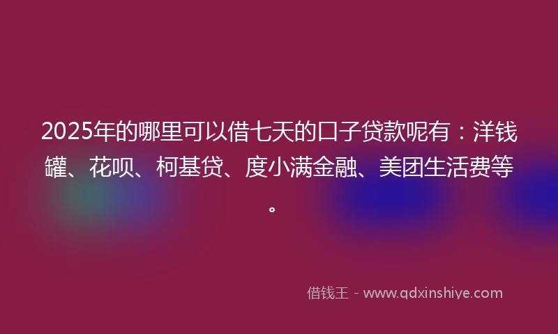 2025年的哪里可以借七天的口子贷款呢有：洋钱罐、花呗、柯基贷、度小满金融、美团生活费等。