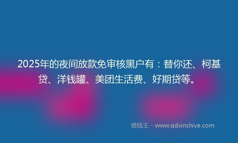2025年的夜间放款免审核黑户有：替你还、柯基贷、洋钱罐、美团生活费、好期贷等。