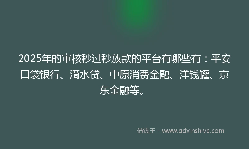2025年的审核秒过秒放款的平台有哪些有：平安口袋银行、滴水贷、中原消费金融、洋钱罐、京东金融等。