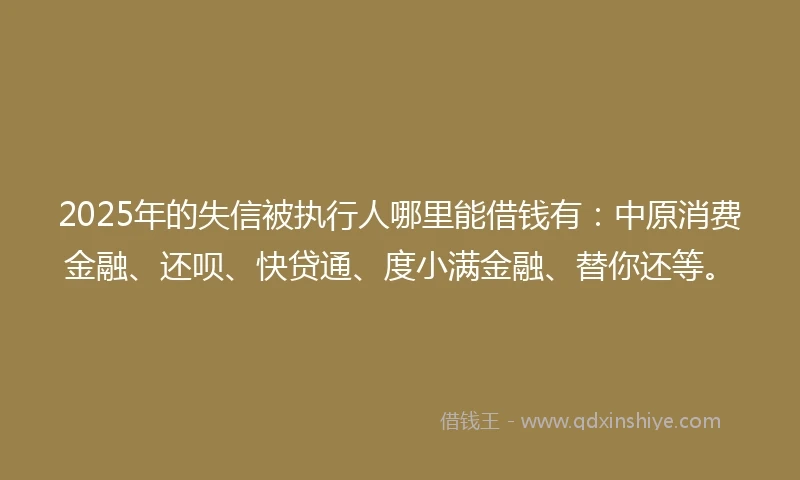 2025年的失信被执行人哪里能借钱有：中原消费金融、还呗、快贷通、度小满金融、替你还等。
