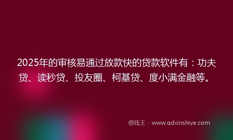 2025年的审核易通过放款快的贷款软件有：功夫贷、读秒贷、投友圈、柯基贷、度小满金融等。