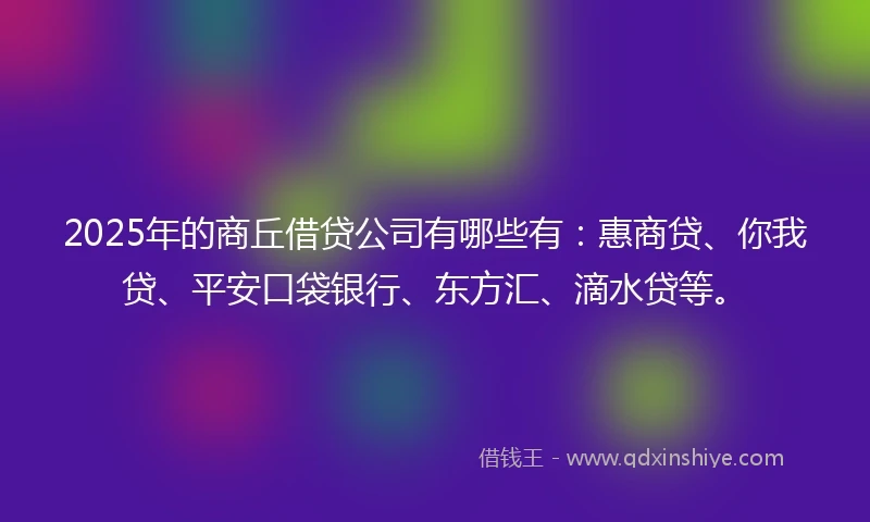 2025年的商丘借贷公司有哪些有：惠商贷、你我贷、平安口袋银行、东方汇、滴水贷等。