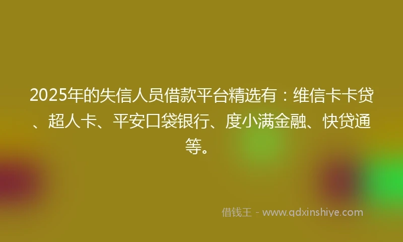 2025年的失信人员借款平台精选有:维信卡卡贷、超人卡、平安口袋银行、度小满金融、快贷通等。