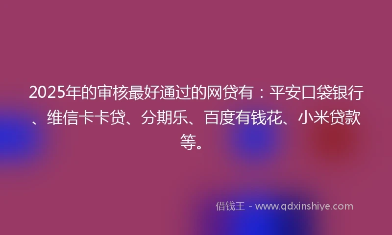 2025年的审核最好通过的网贷有：平安口袋银行、维信卡卡贷、分期乐、百度有钱花、小米贷款等。