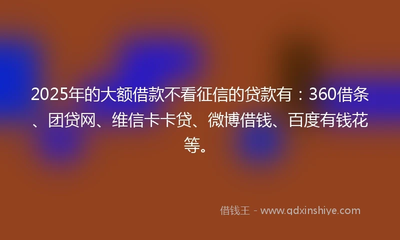 2025年的大额借款不看征信的贷款有：360借条、团贷网、维信卡卡贷、微博借钱、百度有钱花等。