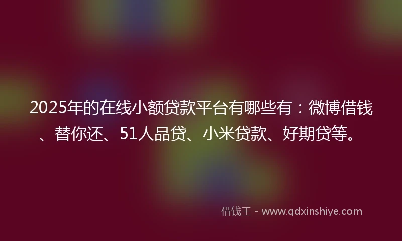 2025年的在线小额贷款平台有哪些有：微博借钱、替你还、51人品贷、小米贷款、好期贷等。