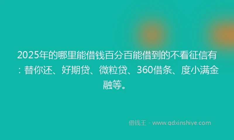 2025年的哪里能借钱百分百能借到的不看征信有：替你还、好期贷、微粒贷、360借条、度小满金融等。