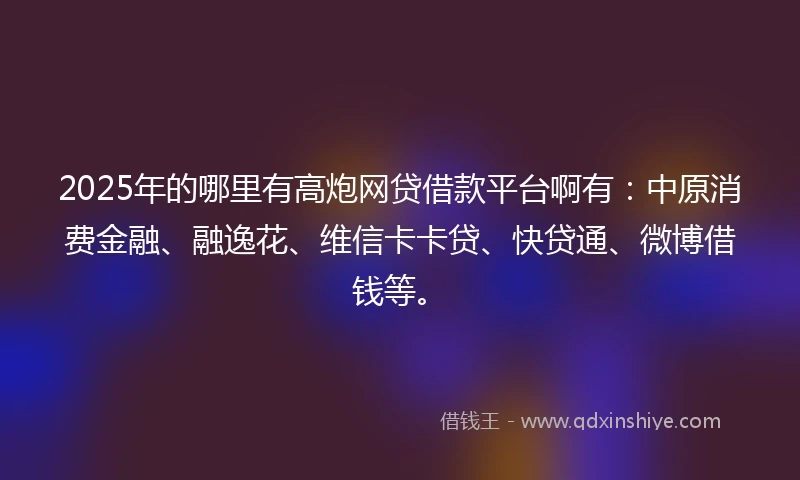 2025年的哪里有高炮网贷借款平台啊有：中原消费金融、融逸花、维信卡卡贷、快贷通、微博借钱等。