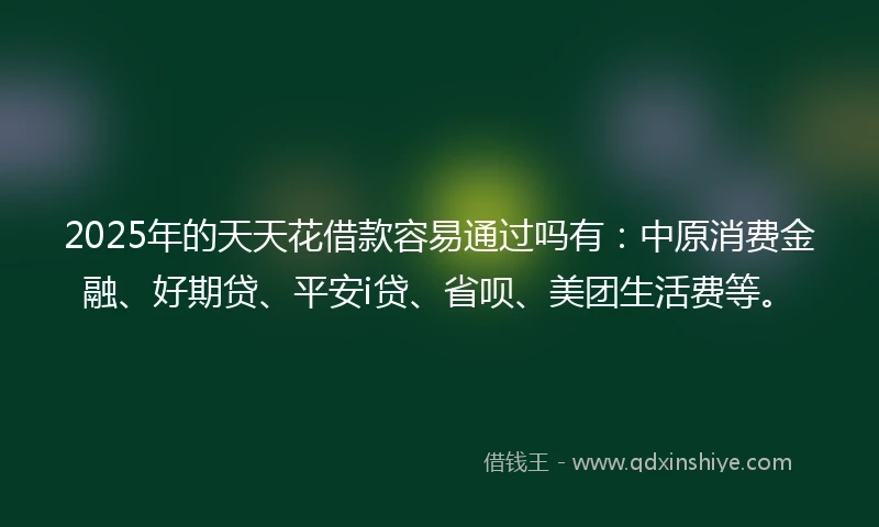 2025年的天天花借款容易通过吗有：中原消费金融、好期贷、平安i贷、省呗、美团生活费等。