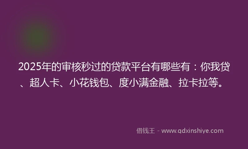 2025年的审核秒过的贷款平台有哪些有：你我贷、超人卡、小花钱包、度小满金融、拉卡拉等。