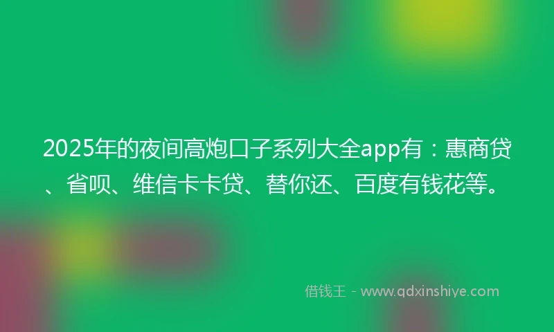 2025年的夜间高炮口子系列大全app有：惠商贷、省呗、维信卡卡贷、替你还、百度有钱花等。