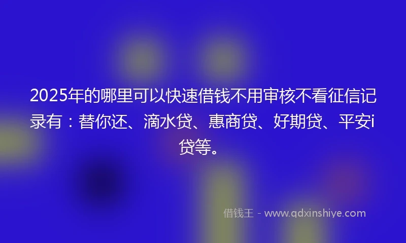 2025年的哪里可以快速借钱不用审核不看征信记录有：替你还、滴水贷、惠商贷、好期贷、平安i贷等。