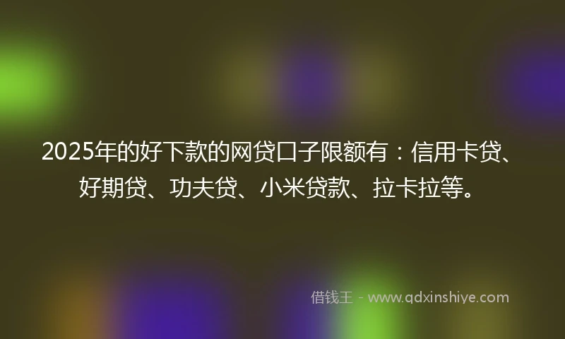 2025年的好下款的网贷口子限额有:信用卡贷、好期贷、功夫贷、小米贷款、拉卡拉等。