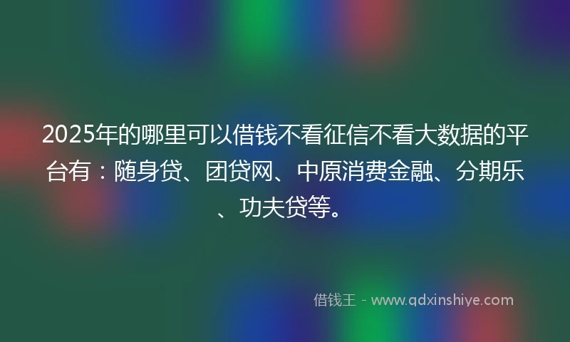 2025年的哪里可以借钱不看征信不看大数据的平台有：随身贷、团贷网、中原消费金融、分期乐、功夫贷等。