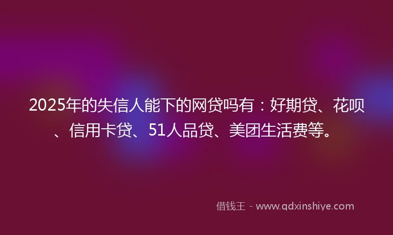 2025年的失信人能下的网贷吗有：好期贷、花呗、信用卡贷、51人品贷、美团生活费等。