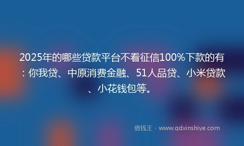 2025年的哪些贷款平台不看征信100%下款的有：你我贷、中原消费金融、51人品贷、小米贷款、小花钱包等。
