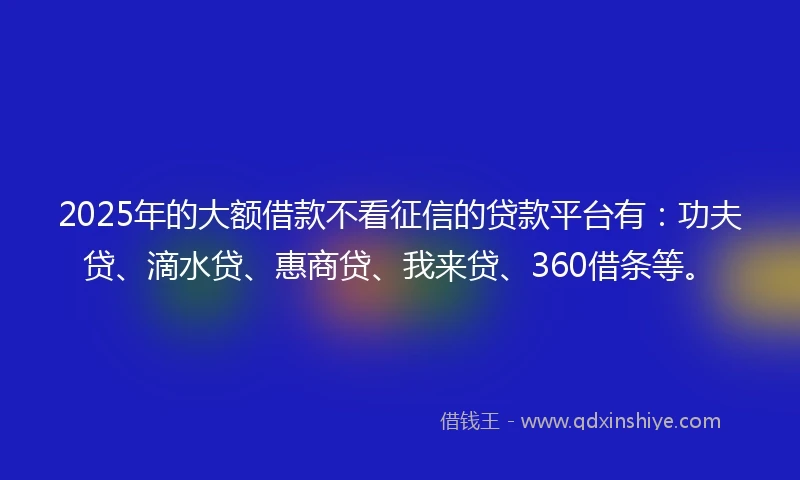 2025年的大额借款不看征信的贷款平台有：功夫贷、滴水贷、惠商贷、我来贷、360借条等。