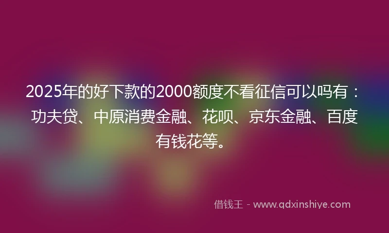 2025年的好下款的2000额度不看征信可以吗有：功夫贷、中原消费金融、花呗、京东金融、百度有钱花等。