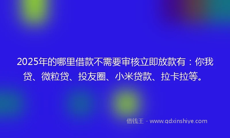 2025年的哪里借款不需要审核立即放款有：你我贷、微粒贷、投友圈、小米贷款、拉卡拉等。