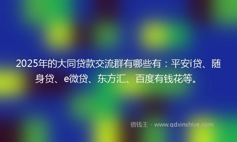 2025年的大同贷款交流群有哪些有：平安i贷、随身贷、e微贷、东方汇、百度有钱花等。