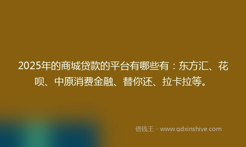 2025年的商城贷款的平台有哪些有：东方汇、花呗、中原消费金融、替你还、拉卡拉等。
