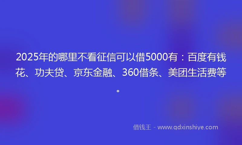 2025年的哪里不看征信可以借5000有：百度有钱花、功夫贷、京东金融、360借条、美团生活费等。