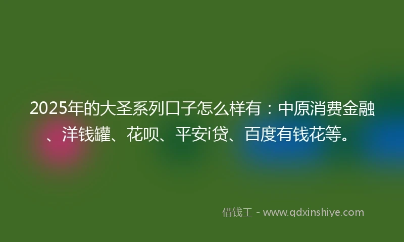 2025年的大圣系列口子怎么样有：中原消费金融、洋钱罐、花呗、平安i贷、百度有钱花等。