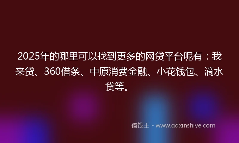 2025年的哪里可以找到更多的网贷平台呢有：我来贷、360借条、中原消费金融、小花钱包、滴水贷等。