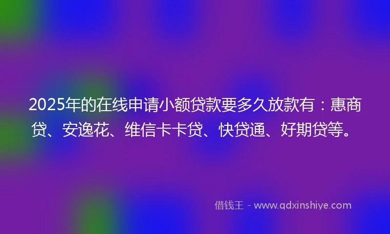 2025年的在线申请小额贷款要多久放款有：惠商贷、安逸花、维信卡卡贷、快贷通、好期贷等。