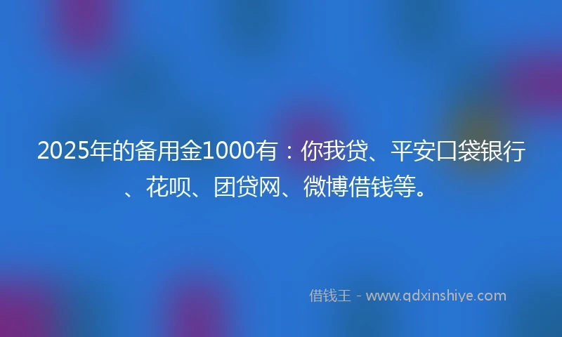 2025年的备用金1000有：你我贷、平安口袋银行、花呗、团贷网、微博借钱等。