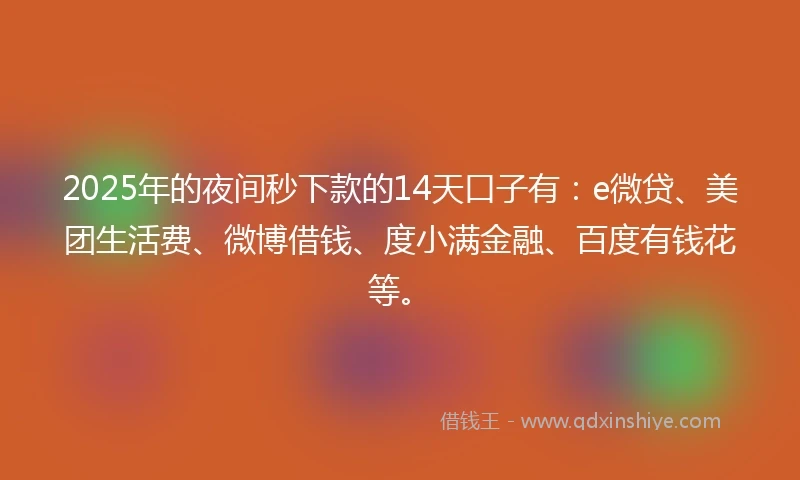 2025年的夜间秒下款的14天口子有：e微贷、美团生活费、微博借钱、度小满金融、百度有钱花等。