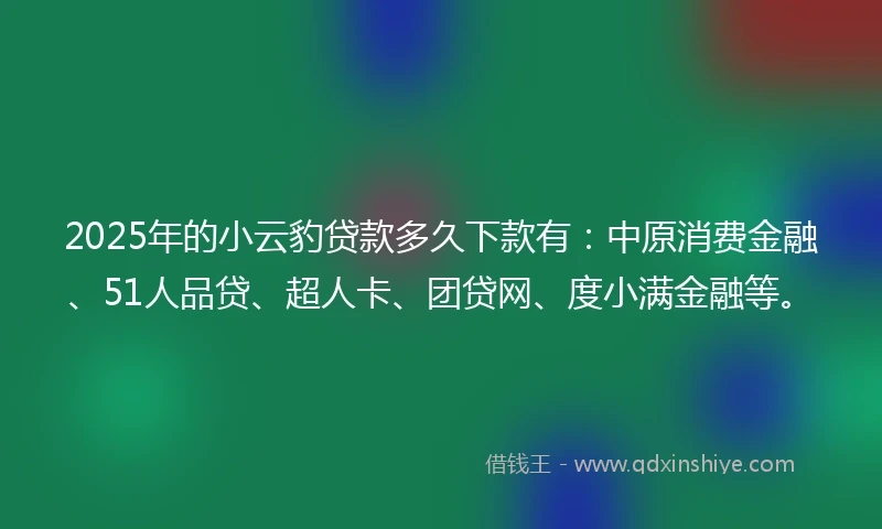 2025年的小云豹贷款多久下款有：中原消费金融、51人品贷、超人卡、团贷网、度小满金融等。