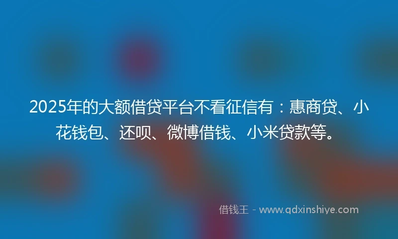 2025年的大额借贷平台不看征信有：惠商贷、小花钱包、还呗、微博借钱、小米贷款等。