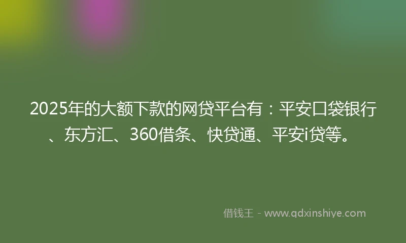 2025年的大额下款的网贷平台有：平安口袋银行、东方汇、360借条、快贷通、平安i贷等。