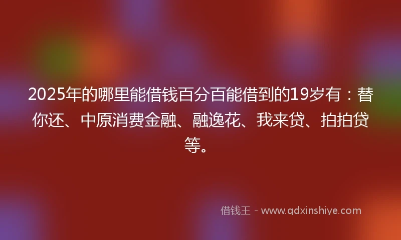 2025年的哪里能借钱百分百能借到的19岁有：替你还、中原消费金融、融逸花、我来贷、拍拍贷等。