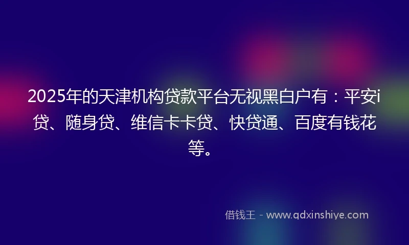2025年的天津机构贷款平台无视黑白户有：平安i贷、随身贷、维信卡卡贷、快贷通、百度有钱花等。