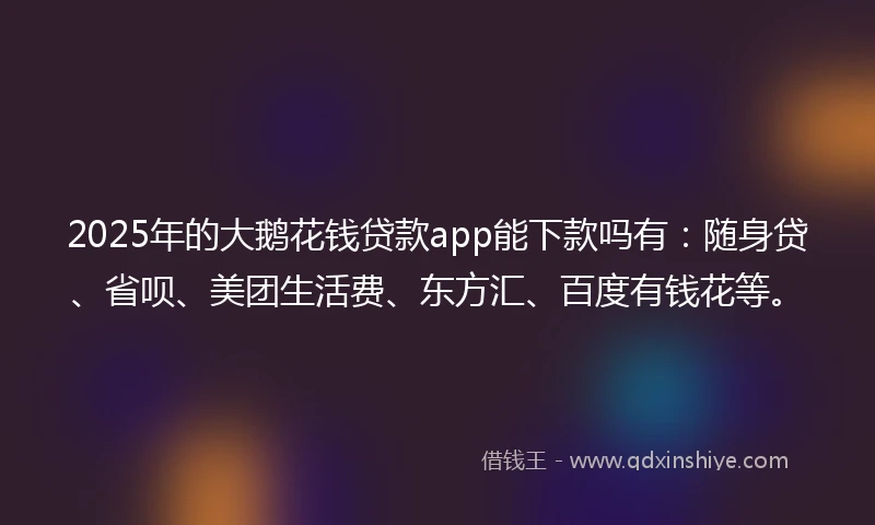 2025年的大鹅花钱贷款app能下款吗有:随身贷、省呗、美团生活费、东方汇、百度有钱花等。